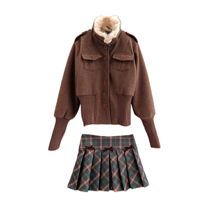 松茶可可复古美拉德咖色外套呢子显瘦高级感格纹半身裙两件套装裙