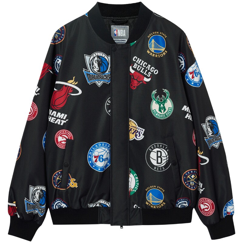 杰克琼斯奥特莱斯NBA联名款男棉服春秋衣身满印立领廓形保暖外套