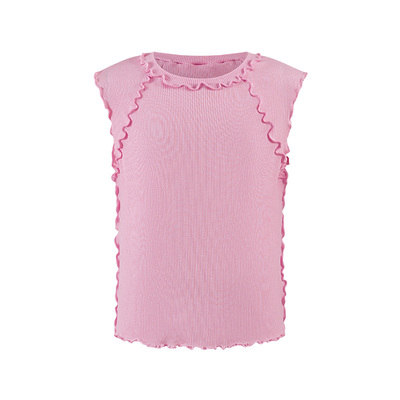 Little Naive儿童弹力背心春夏新款莱赛尔木耳边上衣女童圆领t恤