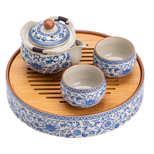 鑫裕源汝窑缠枝莲一壶两杯带茶盘家用功夫茶具套装中式提梁壶茶杯