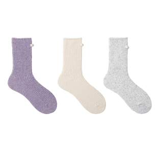 韩版紫色布标袜子女秋冬学院风松口羊毛中筒袜加厚保暖羊绒长袜