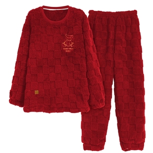 阪织屋2026年春季新品温暖长毛绒红色情侣家居服松弛休闲睡衣套装