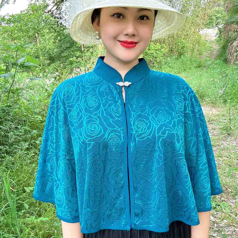 夏季薄款旗袍披肩女冰丝防晒斗篷上衣短款蕾丝披风配裙子外套开衫