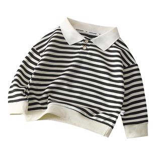 春秋季儿童韩版长袖条纹POLO衫男女童百搭洋气T恤中小童翻领上衣