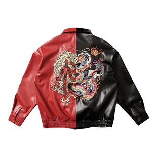WOOKONG悟空新年限定赤龙刺绣黑红撞色皮衣夹克男女休闲潮流外套