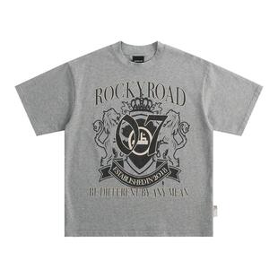 ROCKYROAD童装美式复古涂鸦印花街舞潮服短袖灰色宽松简约T恤