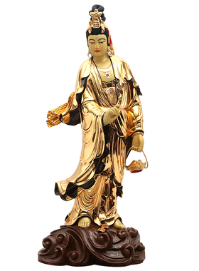 黄铜镀金观音佛像摆件铜彩有余鱼篮观世音菩萨居家供奉站像