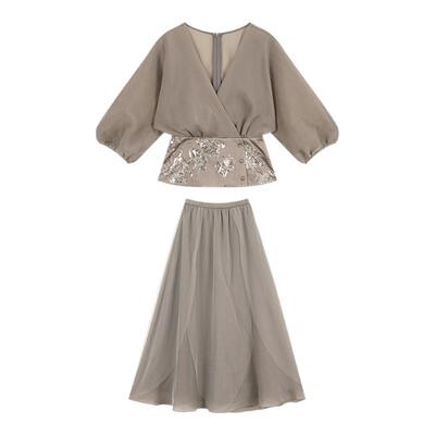 CUICUI崔崔【露染青木】法式轻奢气质短袖收腰V领上衣半身裙套装