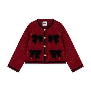 Amybaby女童套装冬季2025新款简约蝴蝶结小香风外套呢子背心裙