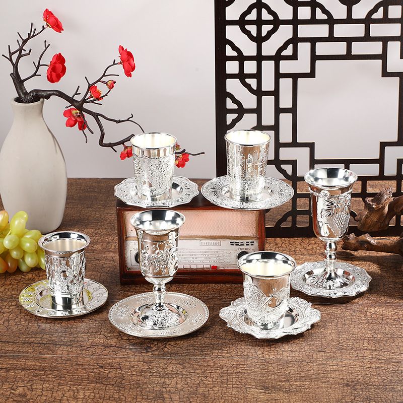 欧式复古精美浮雕高脚杯高档轻高级酒具奢酒店套装餐桌托盘酒杯风