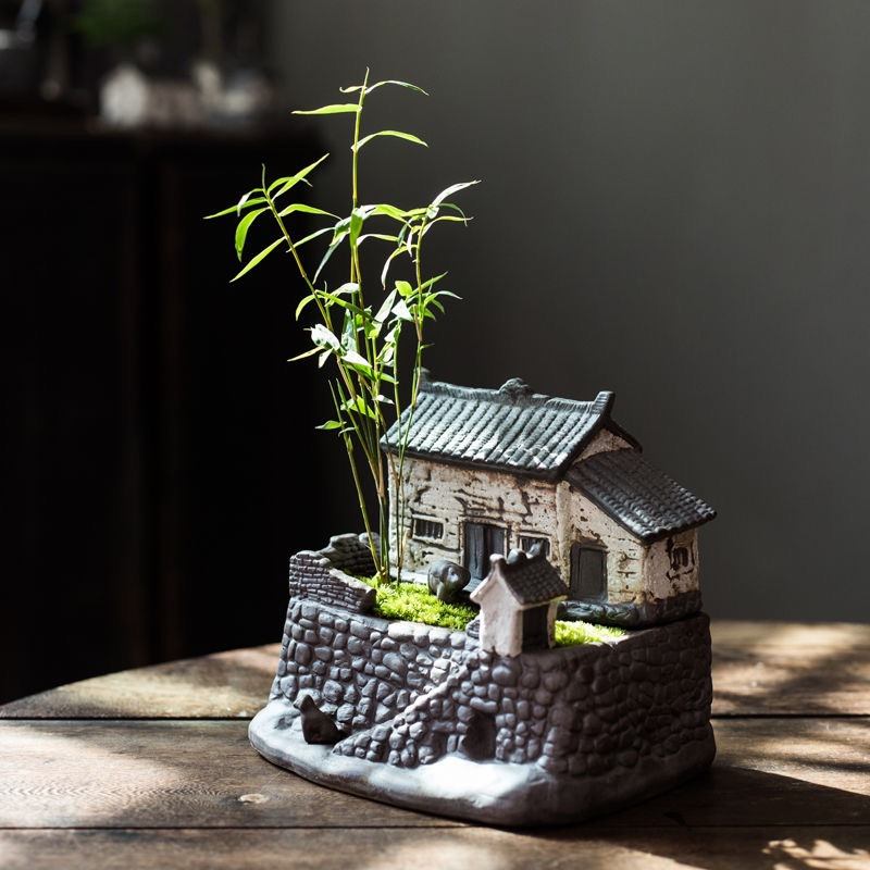 懒人花盆陶瓷房子盆栽创意办公桌微摆件植物室内水养景观盆景文竹