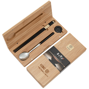 鸿拓红木筷子勺子筷托套装316不锈钢汤勺匙调羹竹木盒刻字定制筷