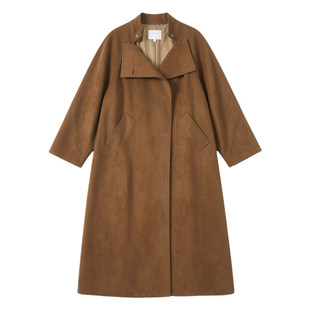 美拉德麂皮绒风衣女春秋季新款焦糖色大翻领长款过膝美式西部外套