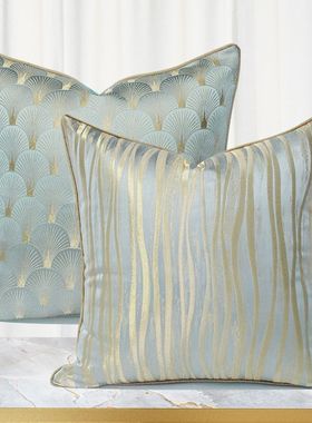 新品 淡蓝色现代简约条纹酒店样板房方形抱枕轻奢几何图案沙发客