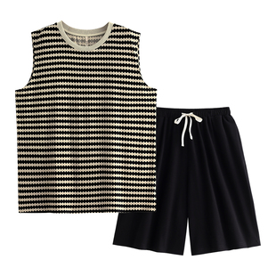 悦内睡衣男士夏季夏款纯棉无袖背心短裤家居服条纹运动休闲可外穿