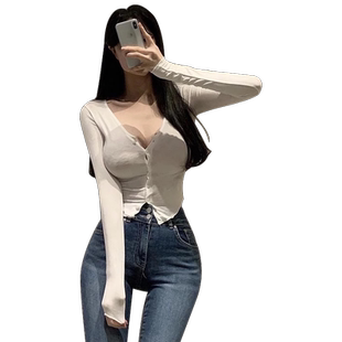 辣妹深V低胸春季长袖性感薄款修身开衫T恤白低领上衣外搭空调衫女