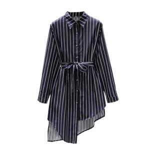 衬衫女中长款春夏气质上衣胖大码长袖收腰白色不规则打底衬衣裙秋