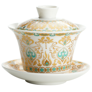 德化白瓷三才悬停盖碗茶杯带盖单个高档陶瓷功夫茶具泡茶碗三件套