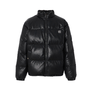 CMF秋冬运动潮牌立领羽绒服男款加厚宽松PU皮革绣花情侣开衫外套