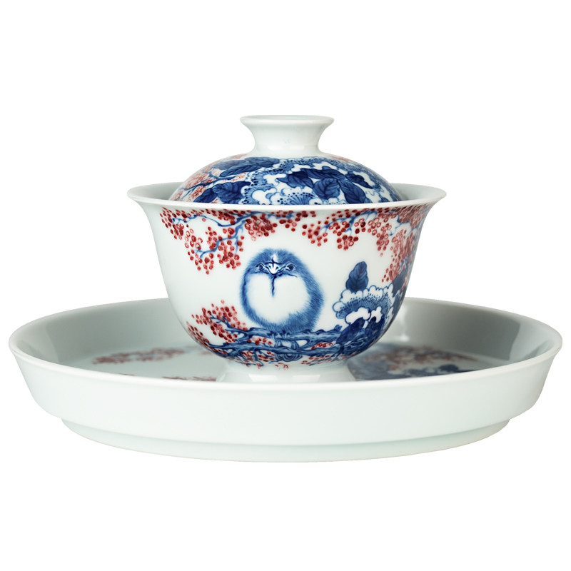 圣山手绘青花釉里红《喜上梅梢》陶瓷茶具景德镇手工泡茶盖碗茶杯