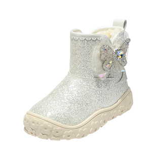 百丽童鞋女童雪地靴儿童加绒水晶公主鞋冬季2025新款保暖大棉靴子