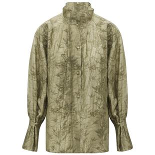 COCOBELLA新中式竹叶提花压褶对丝炒色衬衫莱赛尔国风上衣SR0002