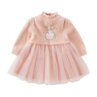 戴维贝拉儿童毛衣连衣裙2025冬装新款女童仿貂绒长袖网纱裙裙子