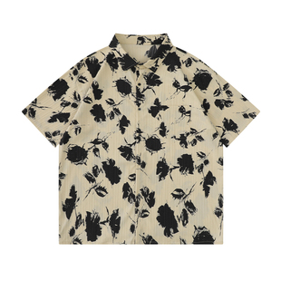 悟空有货港风复古花卉满印vintage短袖衬衫男女宽松百搭情侣衬衣