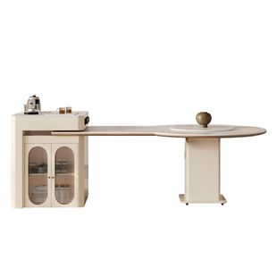 法式中古风洞石岩板方圆两用岛台餐桌一体可伸缩家用大小户型倒台