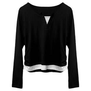 班尼路长袖t恤女2026春秋新款假两件纯棉打底衫好看修身女装上衣J