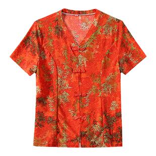 母亲节妈妈装2024夏季V领短袖t恤上衣中老年两件套显瘦薄款套装女