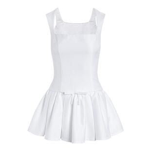 RECIT 白色缎面复古千金感U领连衣裙女冬季蝴蝶结收腰A字蓬蓬短裙