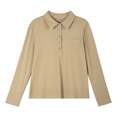 polo领正肩长袖t恤女春秋上衣