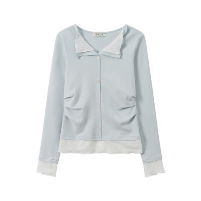 蕾丝拼接假两件翻领长袖上衣女