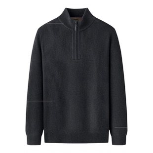 庄吉重磅加厚纯羊毛针织衫秋冬竖坑条半开拉链半高领立领毛衣男士