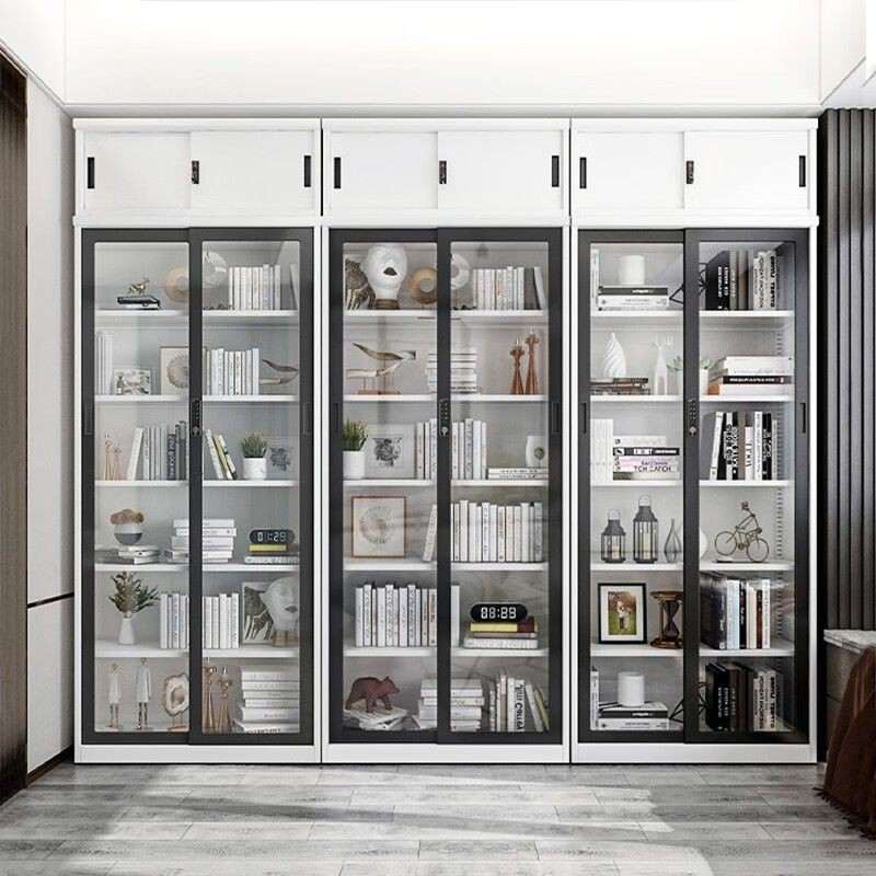 钢制移门玻璃门书柜家用展示柜推拉门带锁资料书架铁艺收纳储物柜