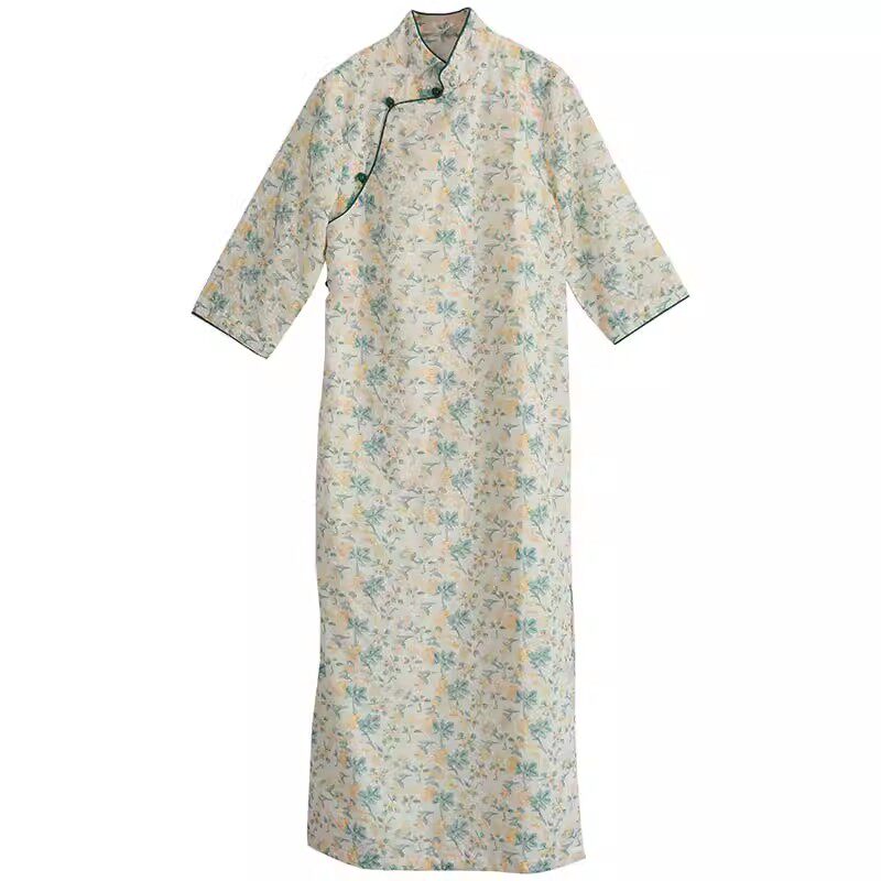 绣花七分袖连衣裙女春夏旗袍长裙