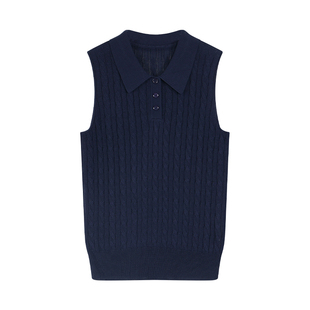 Maven Lin 显贵莱赛尔羊毛polo领半开领针织背心女无袖麻花上衣