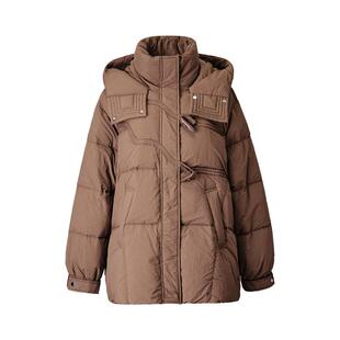 颜域咖色立领连帽羽绒服女2025新款冬季百搭通勤中长款牛角扣外套