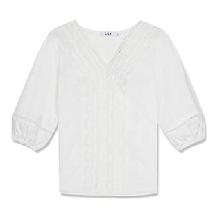 LILY初秋新款女装全棉法式掐腰蕾丝白色上衣泡泡短袖套头雪纺衬衫