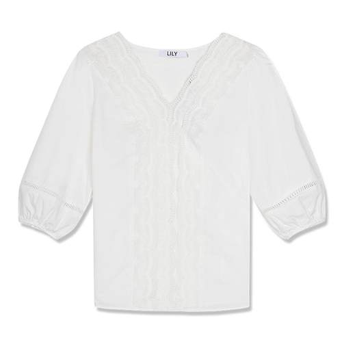 LILY初秋新款女装全棉法式掐腰蕾丝白色上衣泡泡短袖套头雪纺衬衫