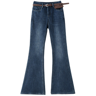 微喇牛仔裤女蓝色秋冬款加绒厚款弹力高腰修身显瘦复古做旧喇叭裤