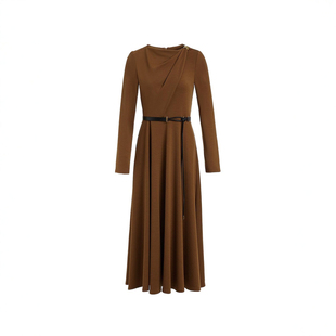 奈2026年春季新款肩部美感立体褶赤马金棕色羊毛连衣裙XF06320C5