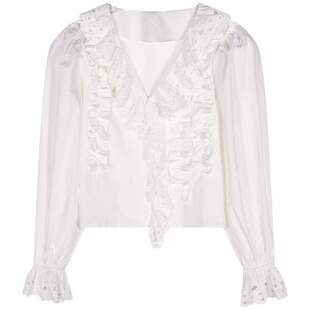 落落狷介今年流行的漂亮小衫2025年秋季新款白色蕾丝衬衫女荷叶边