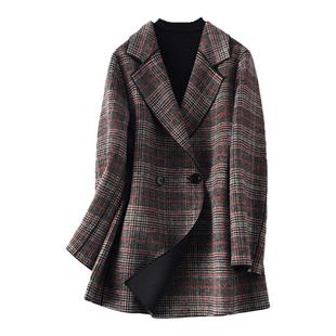 呢子大衣女中长款西装领双排扣千鸟格轻奢气质秋冬新款羊毛呢外套