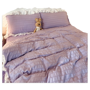 ins公主风紫色床裙花边被套床单四件套纯色少女心宿舍床上三件套2