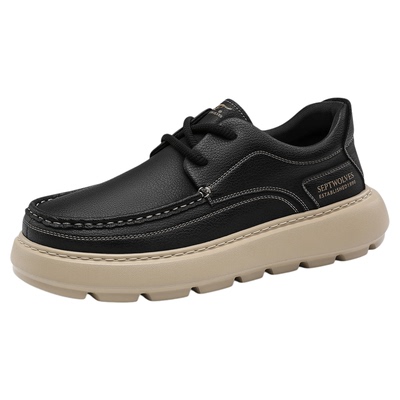 男士休闲皮鞋厚底宽脚软面黑色鞋