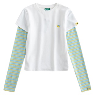 riverstone plus假两件圆领德绒长袖T恤女冬季修身撞色条纹打底衫