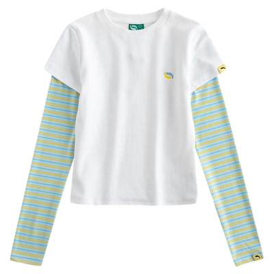 riverstone plus假两件圆领德绒长袖T恤女冬季修身撞色条纹打底衫