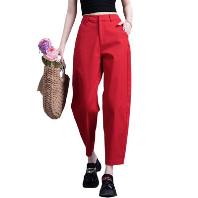 大红色西装镰刀裤高级休闲九分裤